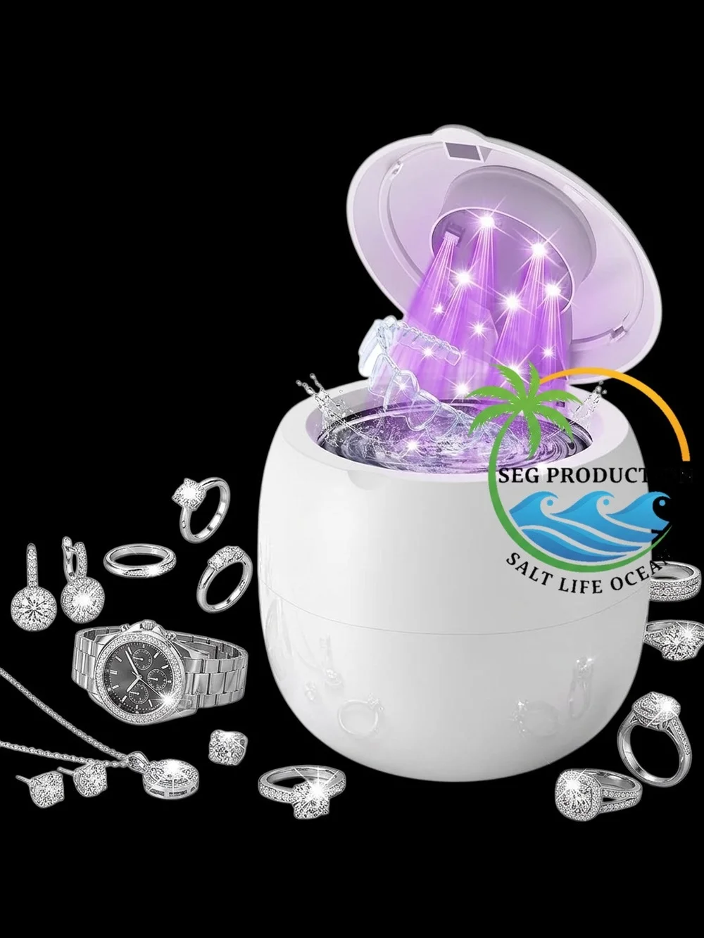 Cordless White Ultrasonic Jewelry Cleaner with Purple UV LIGHT
